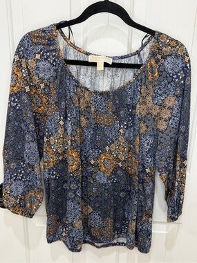 Michael Kors Navy and Gold Printed Scoop Neck Blouse